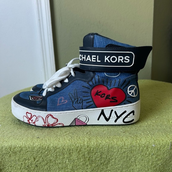Michael Kors Blue High-Top Sneakers with Graffiti Sole - Picture 1 of 12